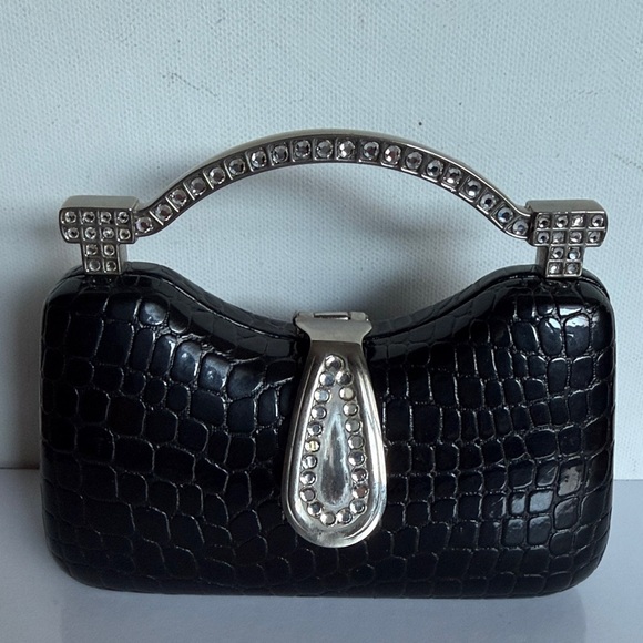 Handbags - Chic Black Crocodile-Patterned Mini Purse with Silver Handle
